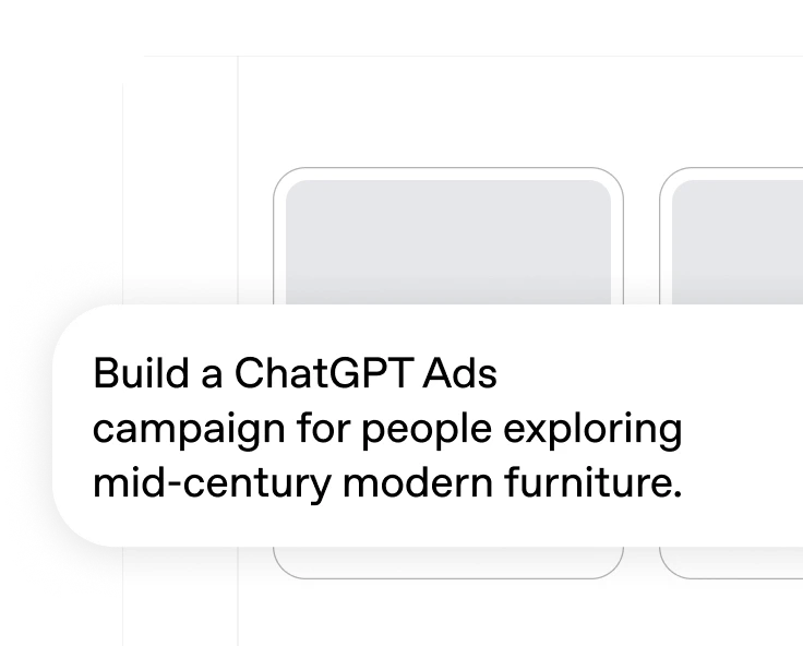 Product card interface with a prompt to build a ChatGPT Ads campaign for people exploring mid-century modern furniture.