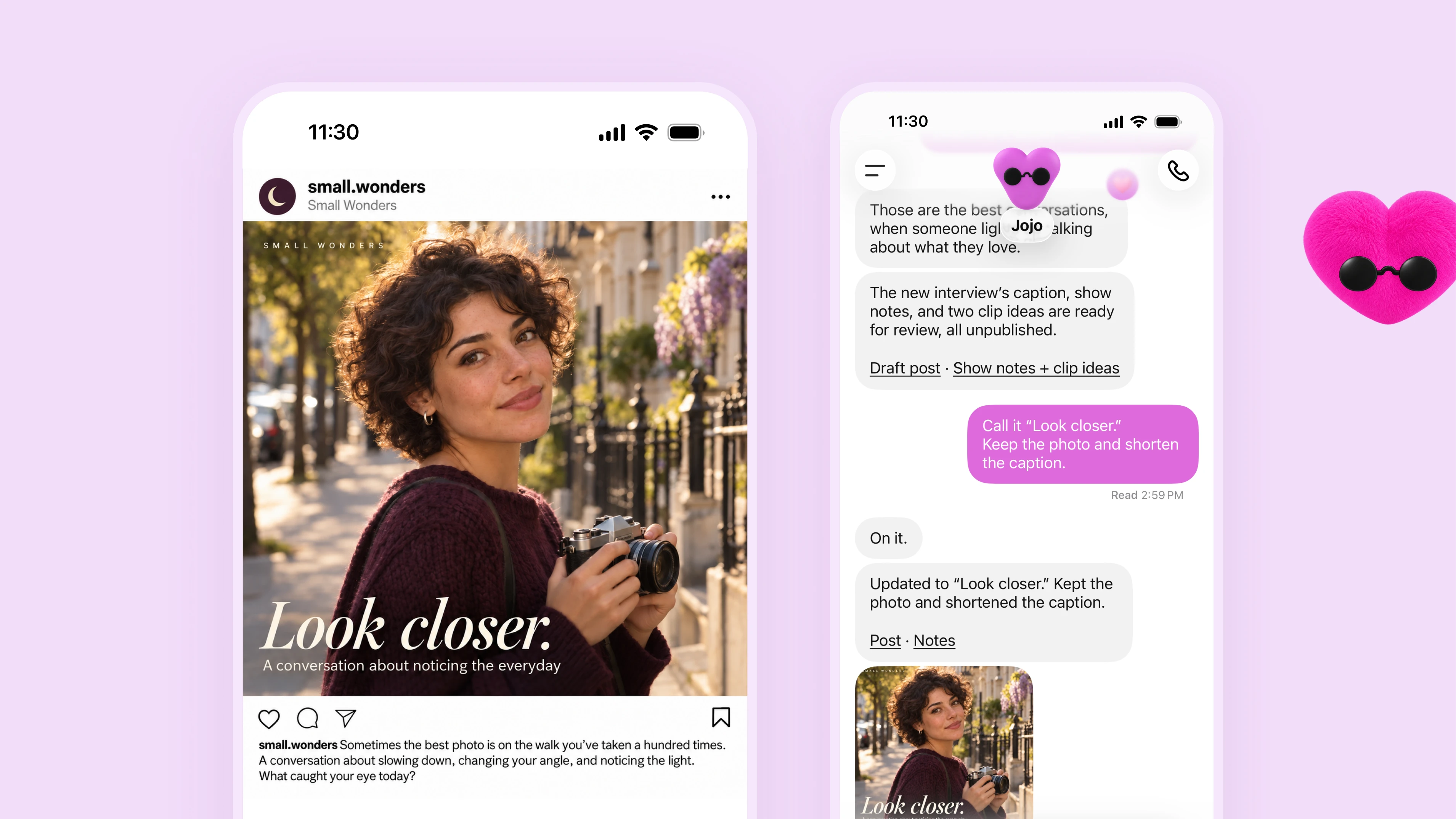 Purple dot Jojo helps a creator prepare an interview post beside a social image.