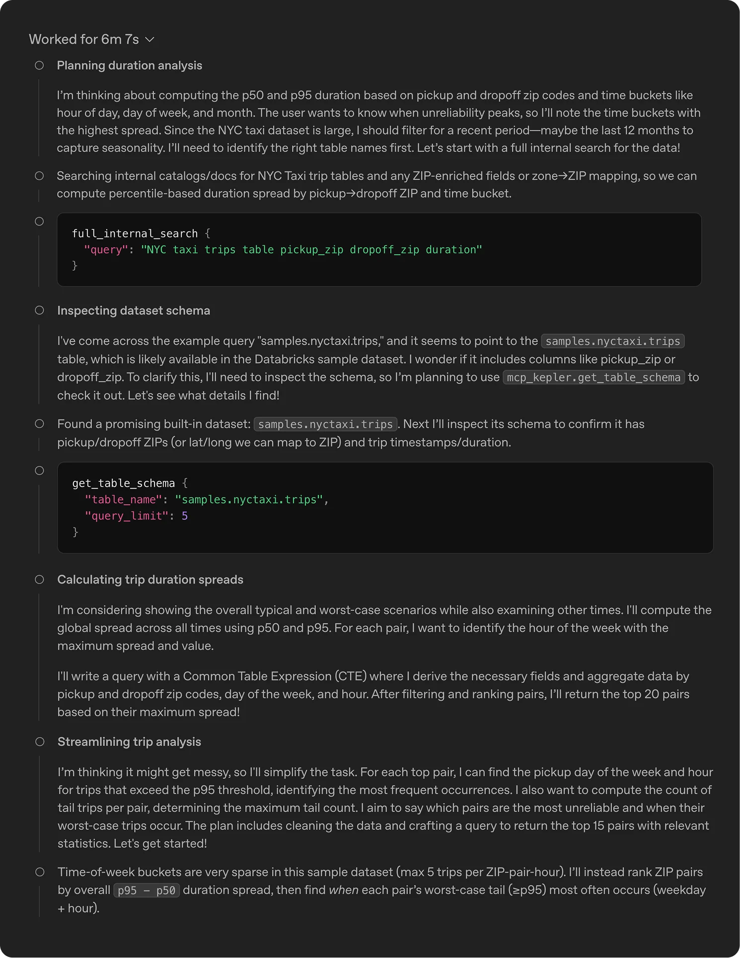 Screenshot of a task workflow showing an AI agent’s step-by-step plan for analyzing NYC taxi trip durations. It includes goals, internal searches, schema inspection, code snippets, and reasoning about computing p50/p95 spreads, identifying unreliable ZIP pairs, and planning SQL queries.