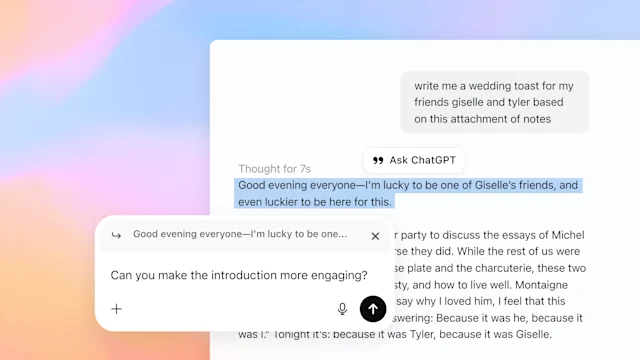 Screenshot of a ChatGPT interaction for writing a wedding toast. The user’s request reads: “write me a wedding toast for my friends giselle and tyler based on this attachment of notes.” ChatGPT’s draft begins with the highlighted line: “Good evening everyone—I’m lucky to be one of Giselle’s friends, and even luckier to be here for this.” Below, a text edit bubble asks: “Can you make the introduction more engaging?” with microphone and send icons. The background features a soft gradient of pink, orange, and blue.