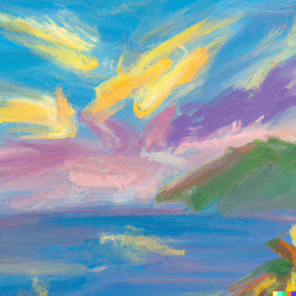 Impressionistic artwork of a vibrant seascape with dynamic yellow and purple clouds in the sky above tranquil blue water, with hints of land or cliffs.