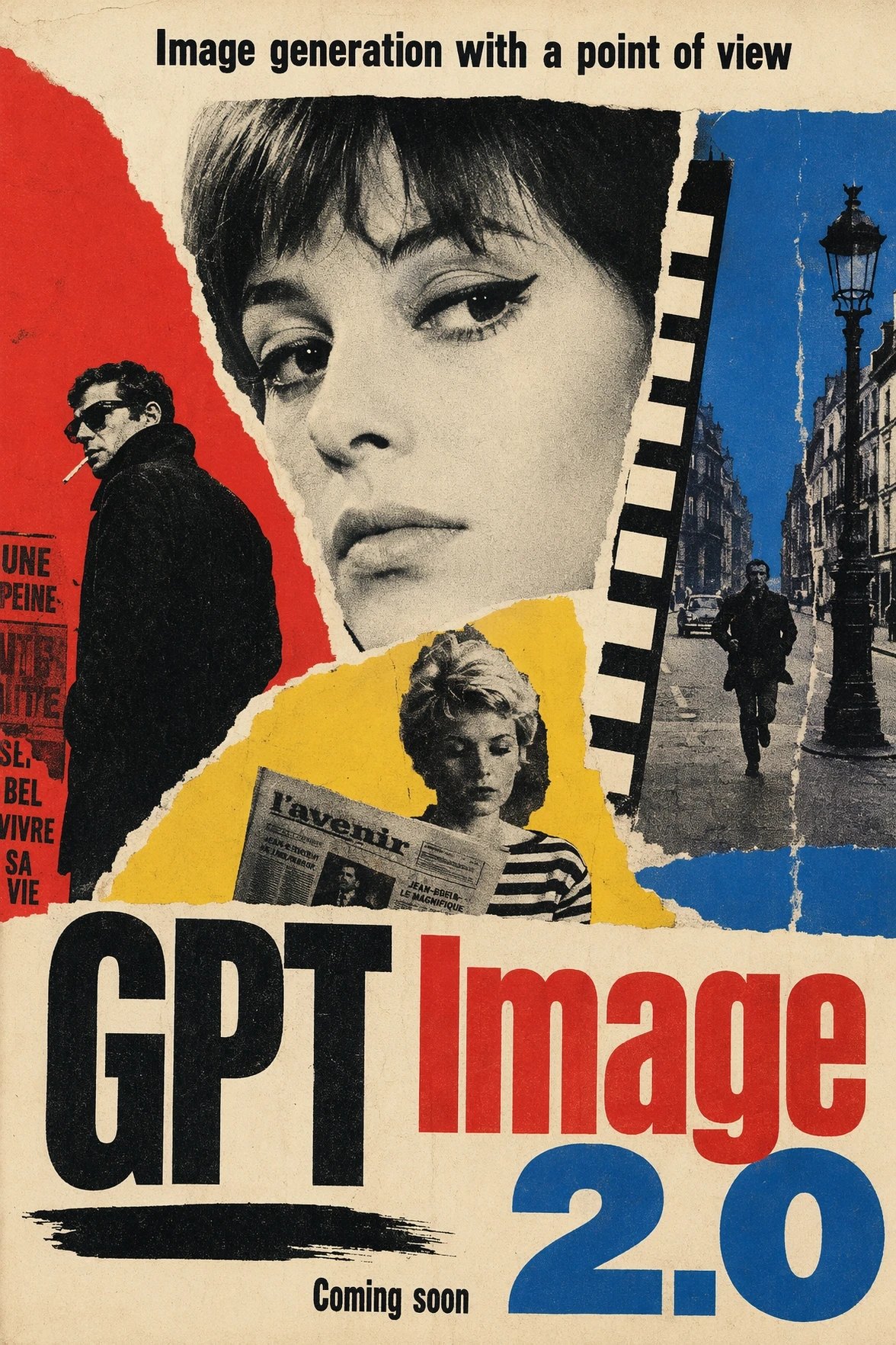 Generated with ChatGPT Images 2.0, this vintage French New Wave–inspired poster uses torn-paper collage, bold typography, and red, blue, black, and cream tones to promote “GPT Image 2.0,” combining cinematic portraits and street photography with a strong graphic point of view.