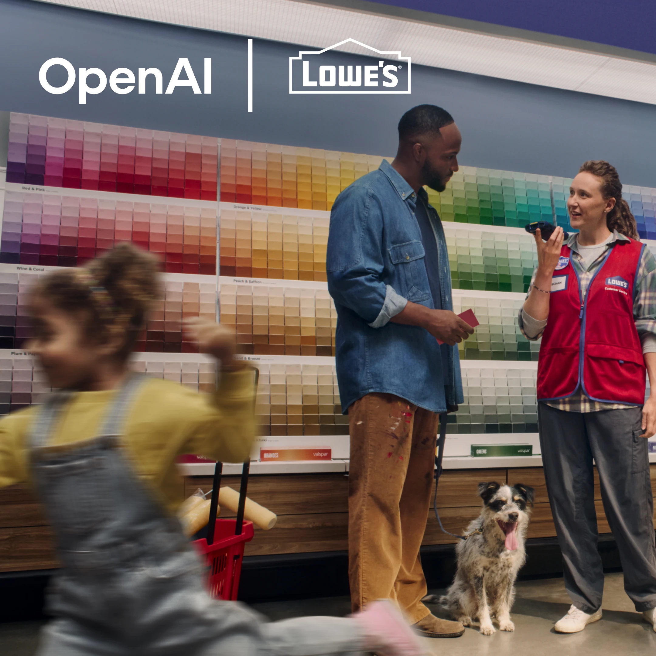 Lowe’s associate using a handheld device to help a customer choose paint, with OpenAI and Lowe’s logos above.