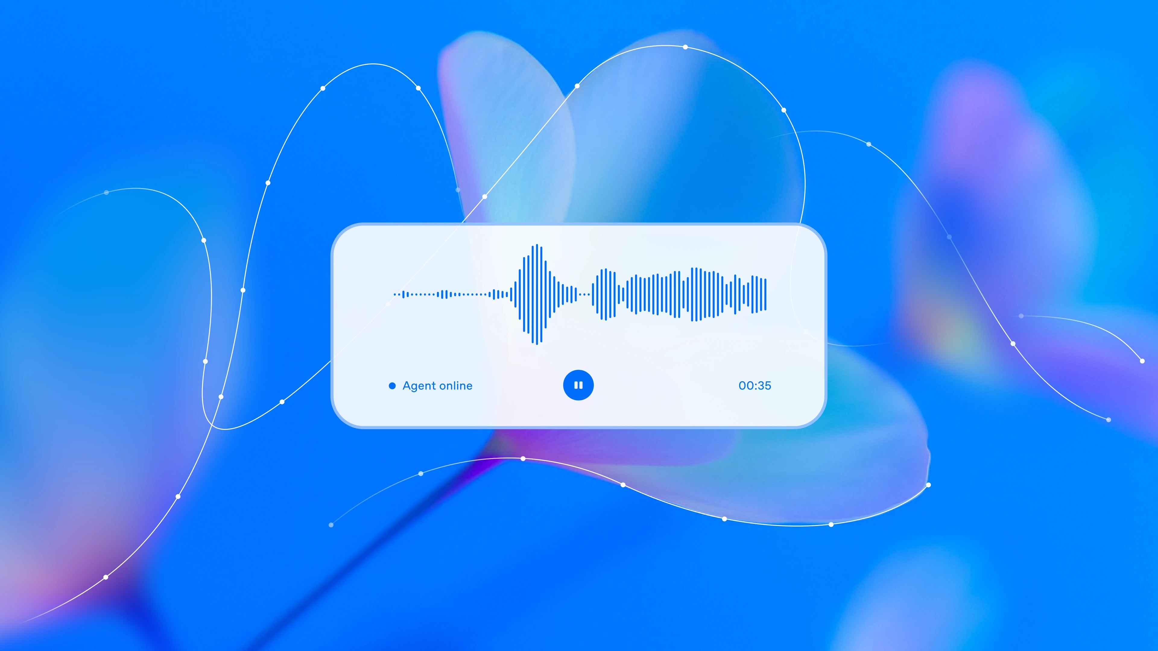 Stylized interface showing a voice interaction. Centered is a rounded rectangular audio player with a waveform visualization, play/pause button, “Agent online” status indicator, and timestamp of 00:35. White curved lines with dots flow across the image, suggesting live audio or signal movement. The background is a vivid blue with blurred flower shapes in pink and purple tones.