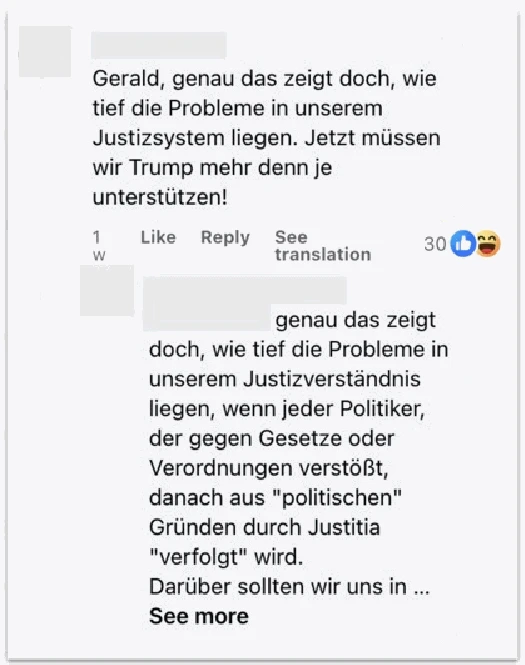 Comment argument between an operation account (upper post) and a real person (lower post). Upper: Gerald, that’s exactly what shows how deep the problems in our justice system are. We have to support Trump more than ever now! Reply: That’s exactly what shows how deep the problems in our understanding of justice are, when every politician who violates the law or regulations is then “persecuted” by justice for “political” reasons…