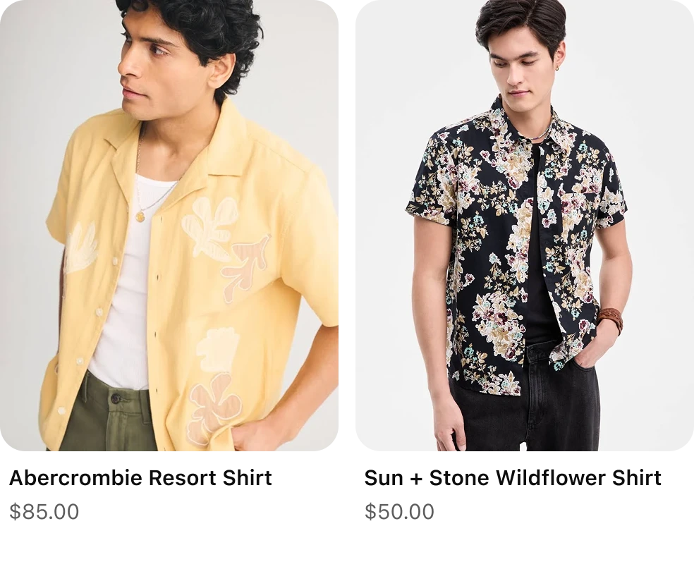 Two men modeling short-sleeve resort shirts: one wearing a light yellow shirt with subtle leaf patterns, and the other wearing a black shirt with a colorful floral print, each shown against a neutral background with product names and prices below.
