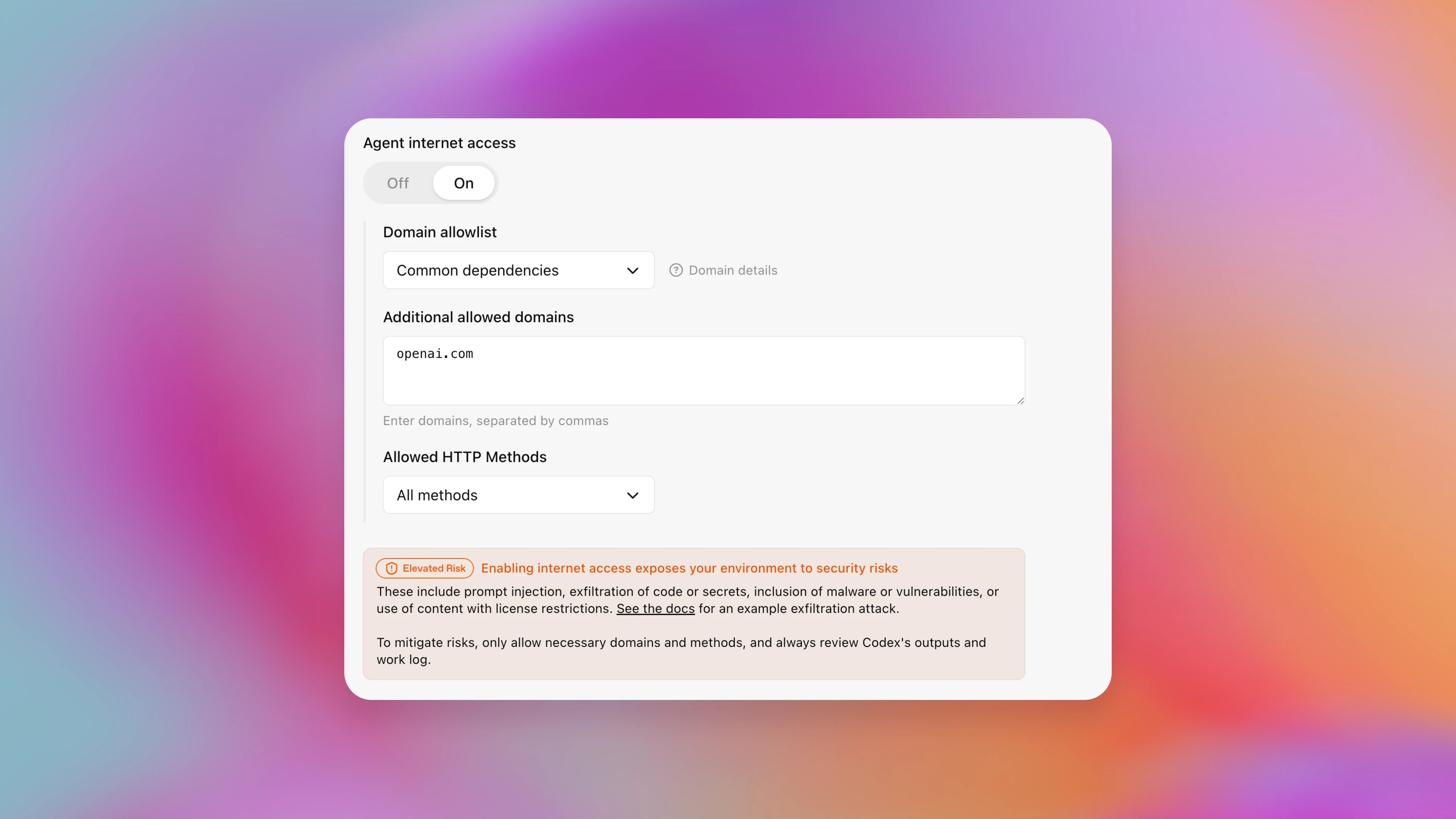 Settings panel for “Agent internet access” with the toggle set to On, showing options for a domain allowlist, additional allowed domains (including openai.com), allowed HTTP methods, and a highlighted warning noting elevated security risks when enabling internet access.