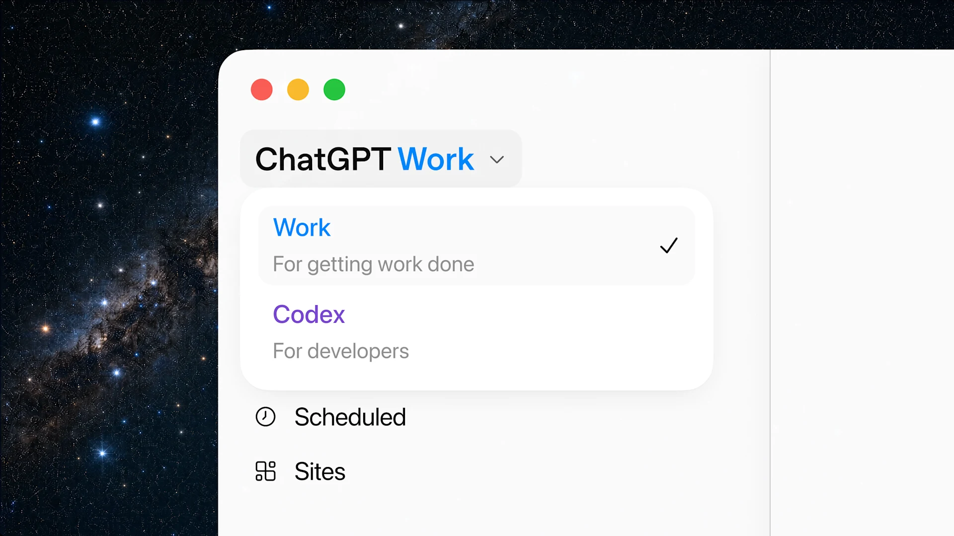 桌機版 ChatGPT 選單，Work 上方還有 Codex、Scheduled、Sites