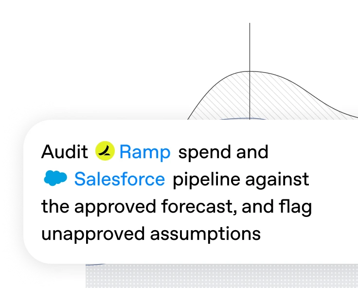 Cash flow chart with a prompt to audit Ramp spend and Salesforce pipeline against the approved forecast and flag unapproved assumptions.