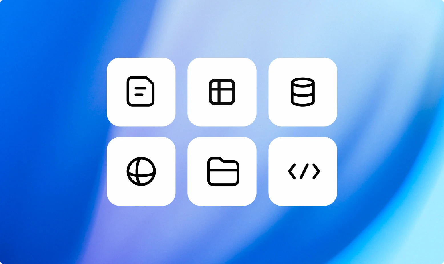 Grid of six rounded icons on a blue gradient background, representing document, table, database, globe, folder, and code symbols.