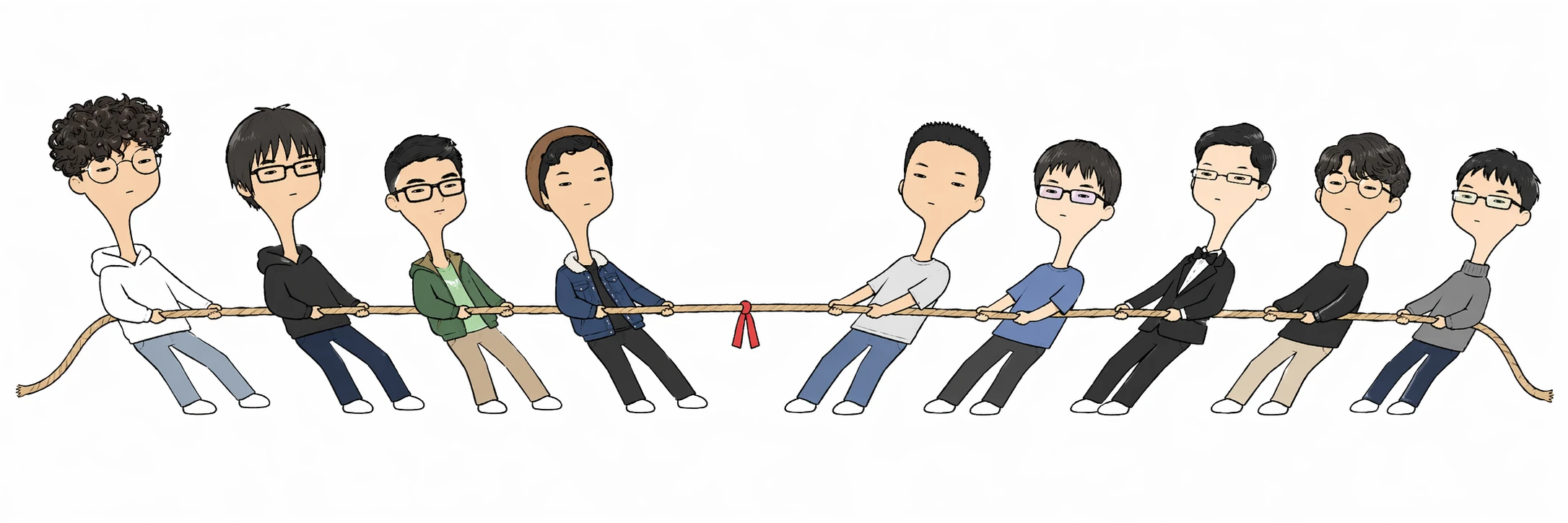 Generated with ChatGPT Images 2.0, this playful minimalist illustration shows a tug-of-war between stylized caricature characters with consistent identity variation, clean linework, and strong compositional balance. It highlights the model’s ability to create coherent multi-character scenes in a simple, expressive cartoon style.