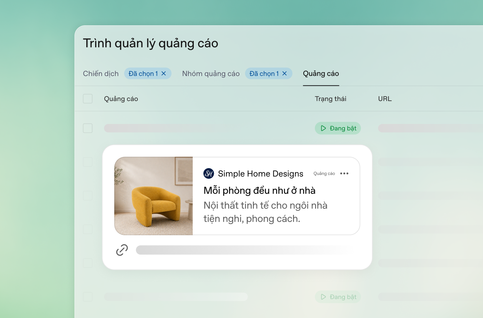 Ads Manager interface showing a Simple Home Designs ad featuring a yellow armchair and a destination link.