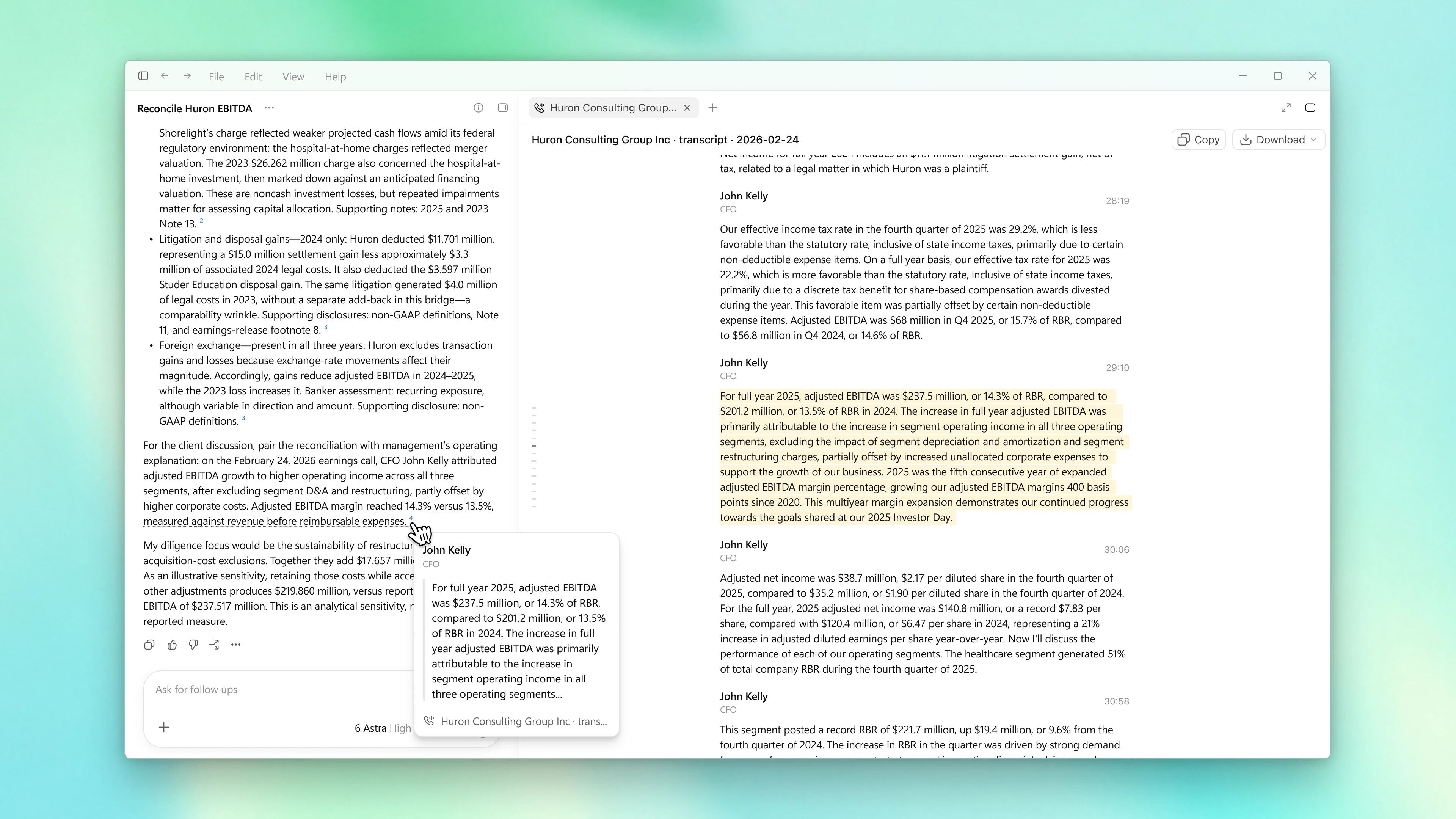 Product screen showing highlighted source evidence for adjusted EBITDA analysis in ChatGPT for Financial Services.