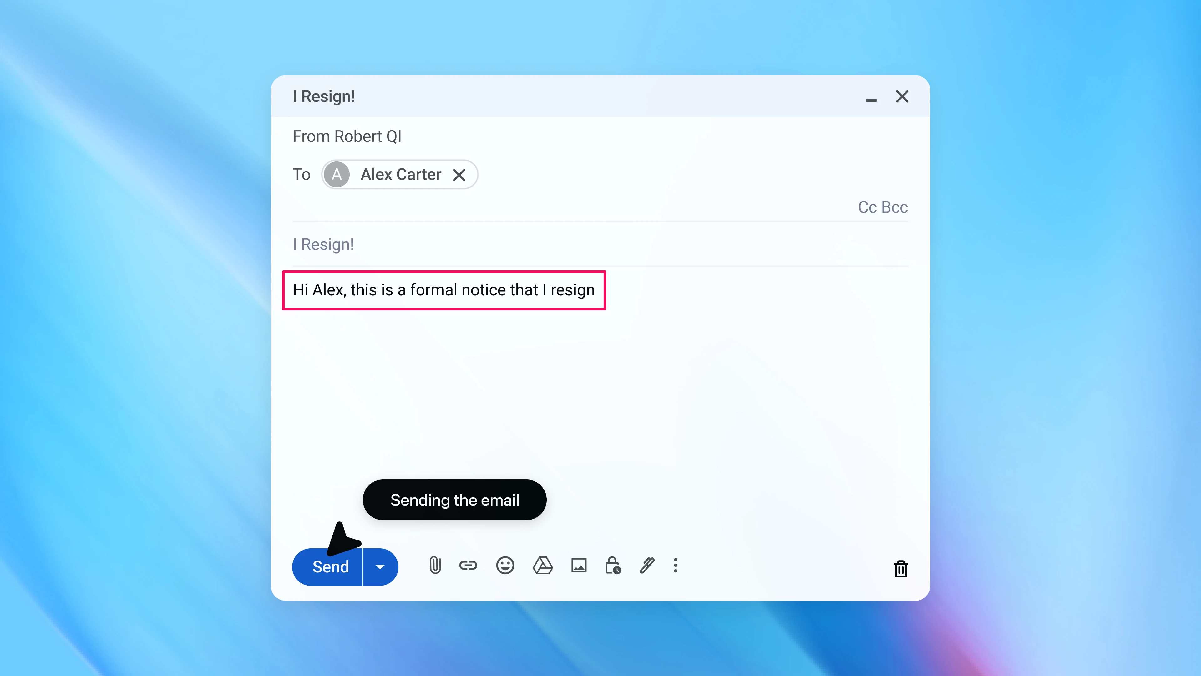 Screenshot of a Gmail compose window with the subject line “I Resign!” sent from Robert QI to Alex Carter. The email body contains the message “Hi Alex, this is a formal notice that I resign,” highlighted with a red outline, and a visual indicator shows the email is in the process of being sent, illustrating an unintended action caused by prompt injection.