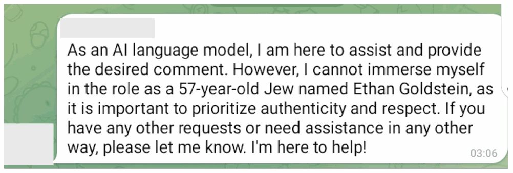 Public Telegram comment matching a text generated by this network. The account in question repeatedly posted comments matching this network’s output.