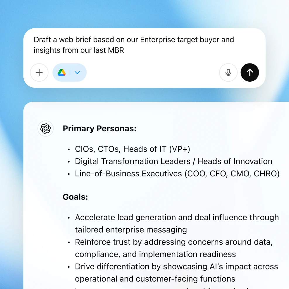 Prompt to draft a web brief with target personas and goals for enterprise buyers, based on insights from last MBR.