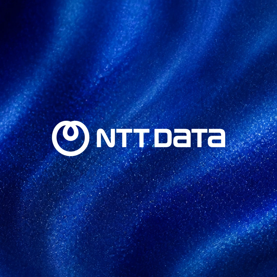NTT DATA logo on a blue abstract background.