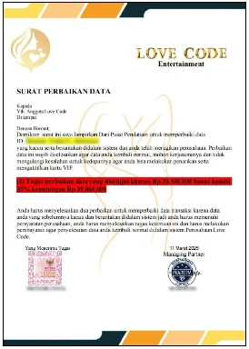 Copy of a letter shared with ChatGPT by a scammer telling a victim they must pay Rp 20,500,000 ($12,000) to rectify a fictitious data processing error in the Love Code system but will receive a 35% “bonus” of Rp 39,860,000. Redactions by OpenAI investigators.