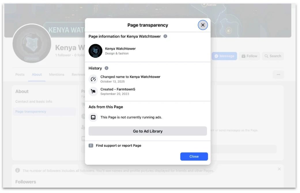 Screenshot of page transparency information for Kenya Watchtower.