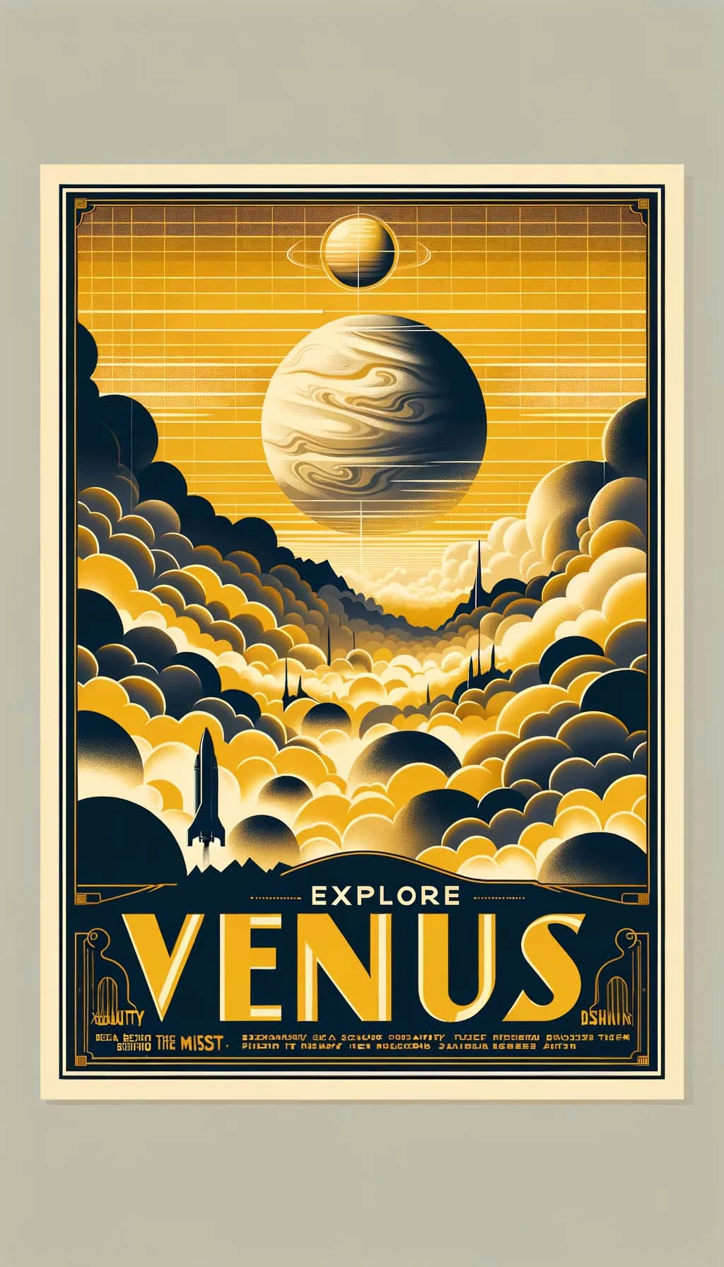 Art deco style poster advertising travel to Venus, featuring stylized clouds and mountain landscapes in shades of yellow and orange with celestial bodies in the background.
