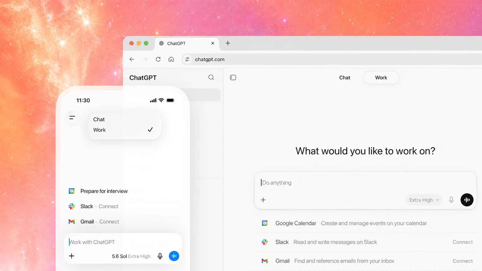 ChatGPT Work interface on desktop and mobile with connected apps on an orange gradient