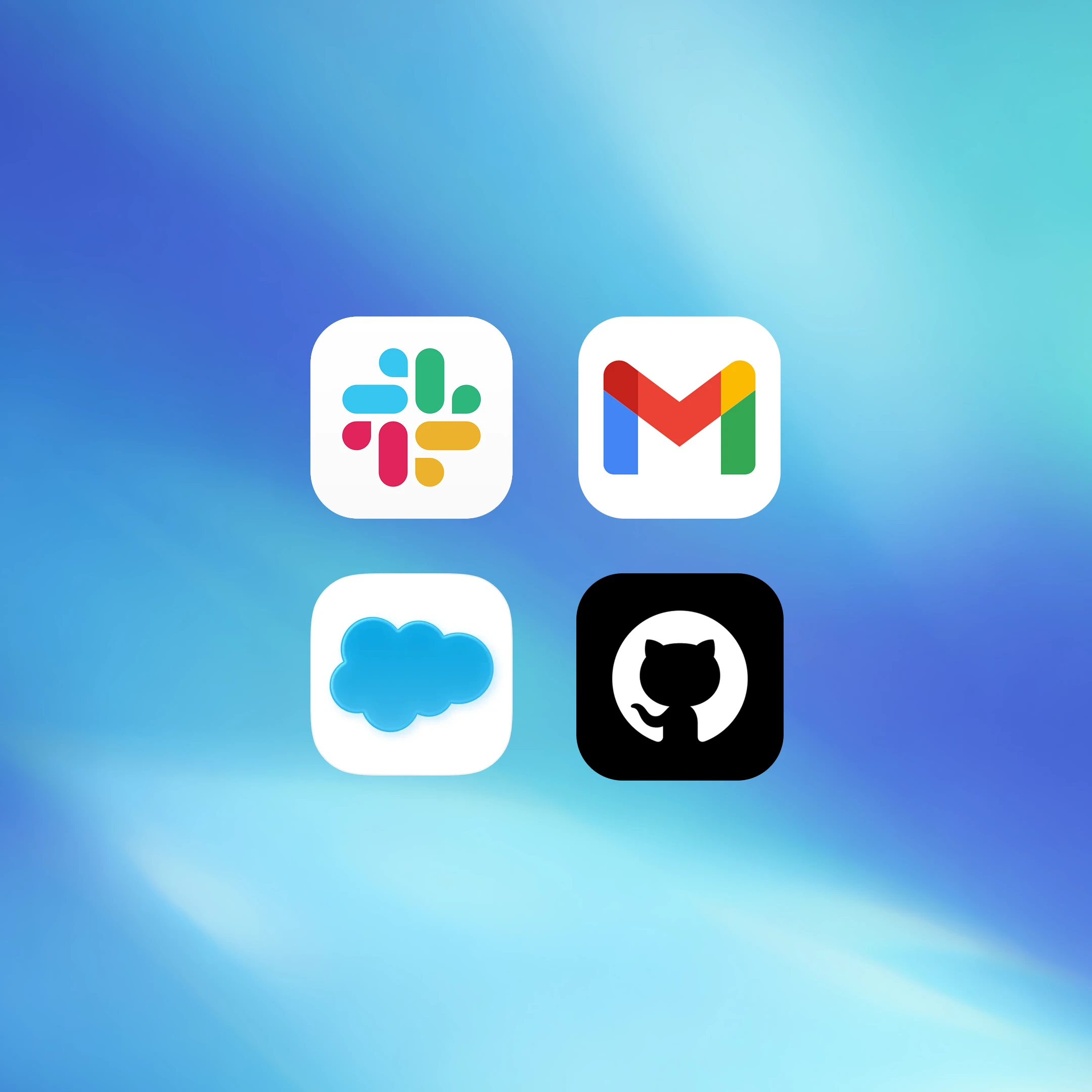 Four app icons — Slack, Gmail, Salesforce, and GitHub — displayed on a blue gradient background.