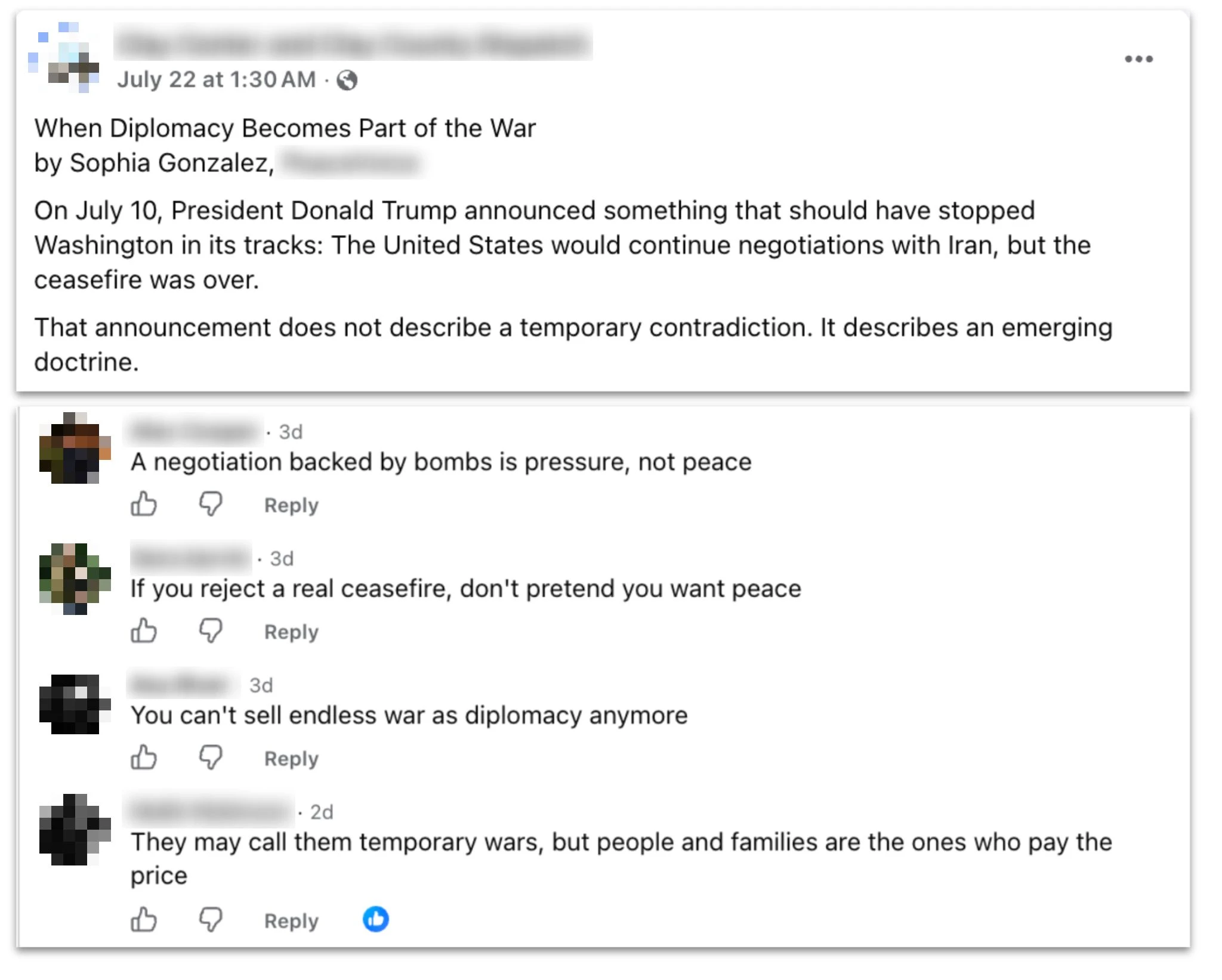 Redacted Facebook screenshot of a local news page sharing an operation-generated article under Sophia Gonzalez’s byline, followed by four operation-generated comments.