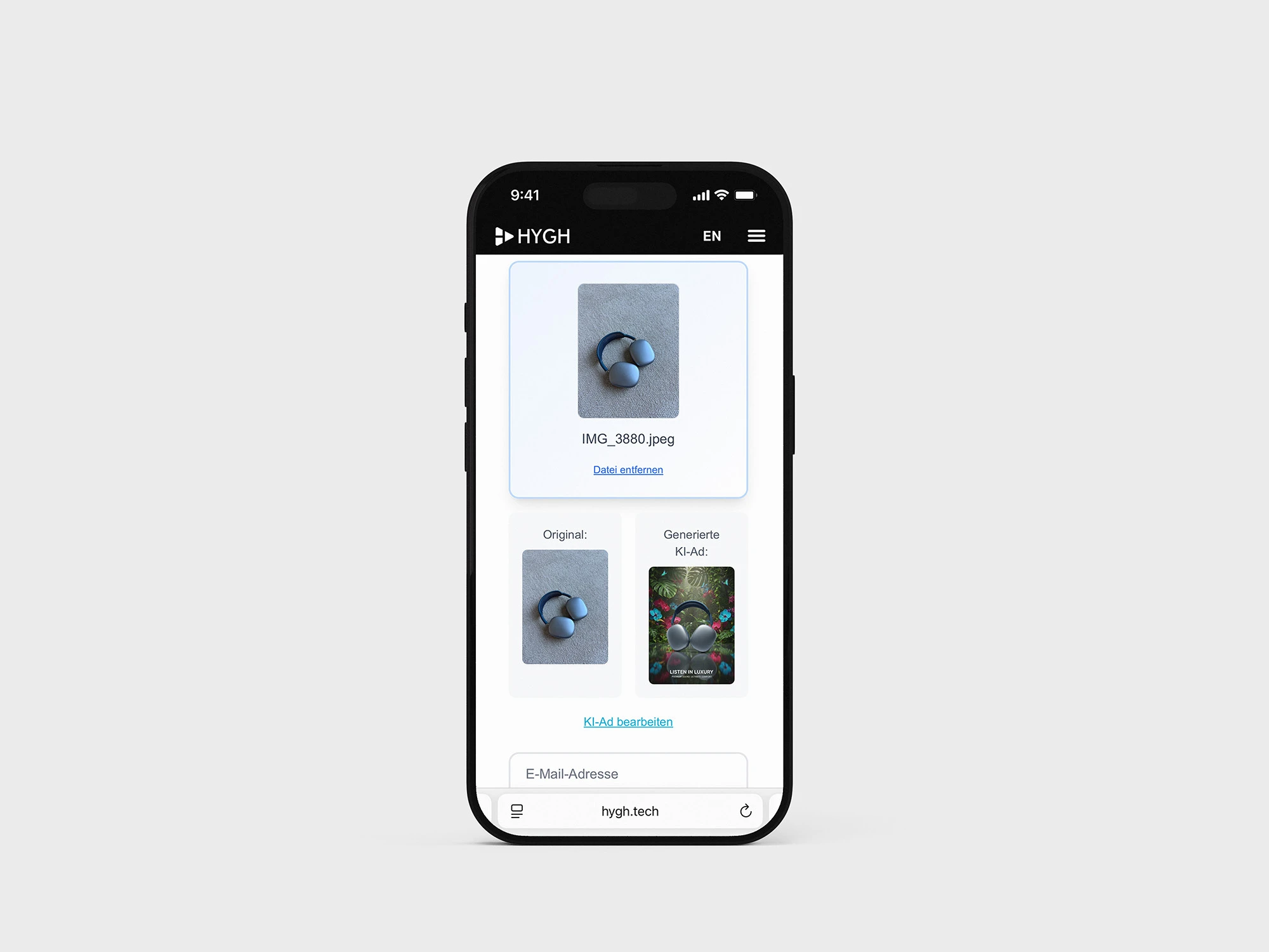 Mobile phone screen showing HYGH’s ad preview tool. A product image is uploaded and paired with a generated AI advertisement version, allowing users to visualize ad creatives.