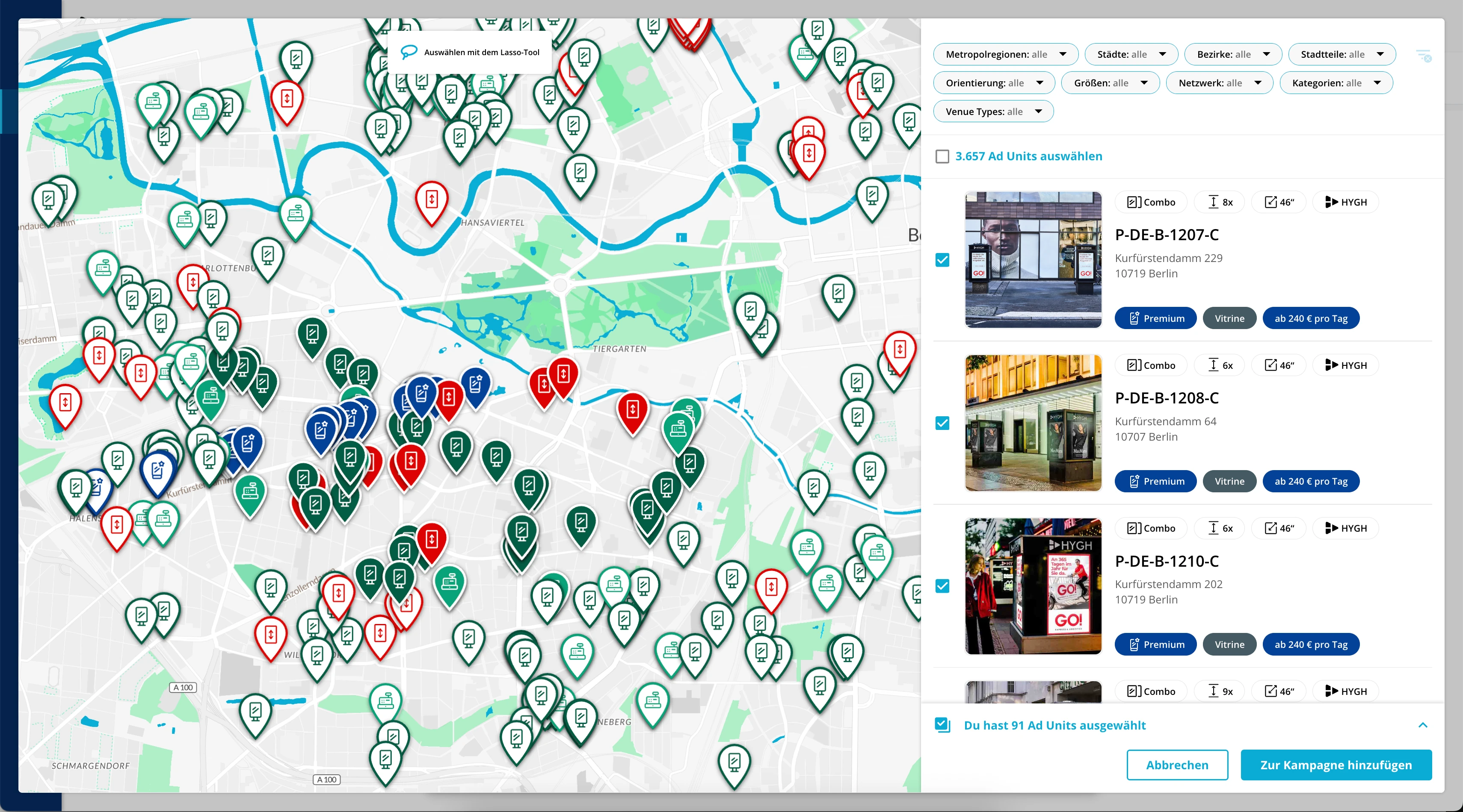 Interactive map interface for selecting ad units across Berlin. Color-coded pins represent different ad types. The right panel shows selected locations with ad previews, pricing, and filter options for narrowing results.