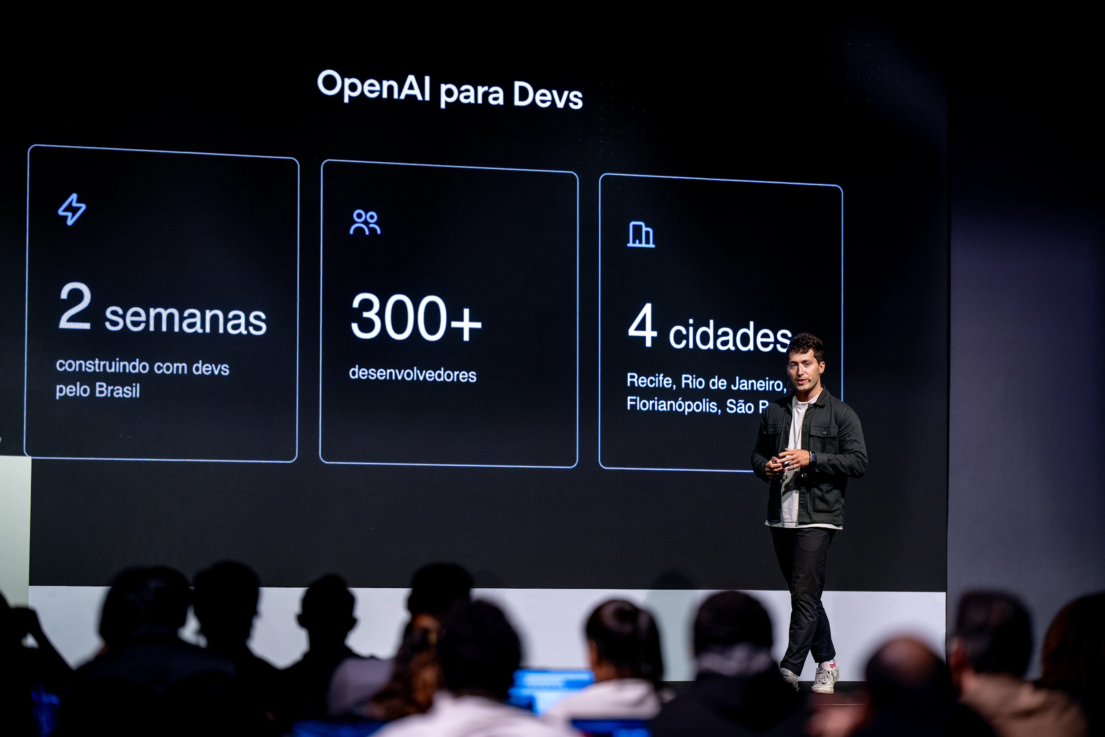 An OpenAI para Devs presentation slide highlights two weeks, more than 300 developers, and four cities.
