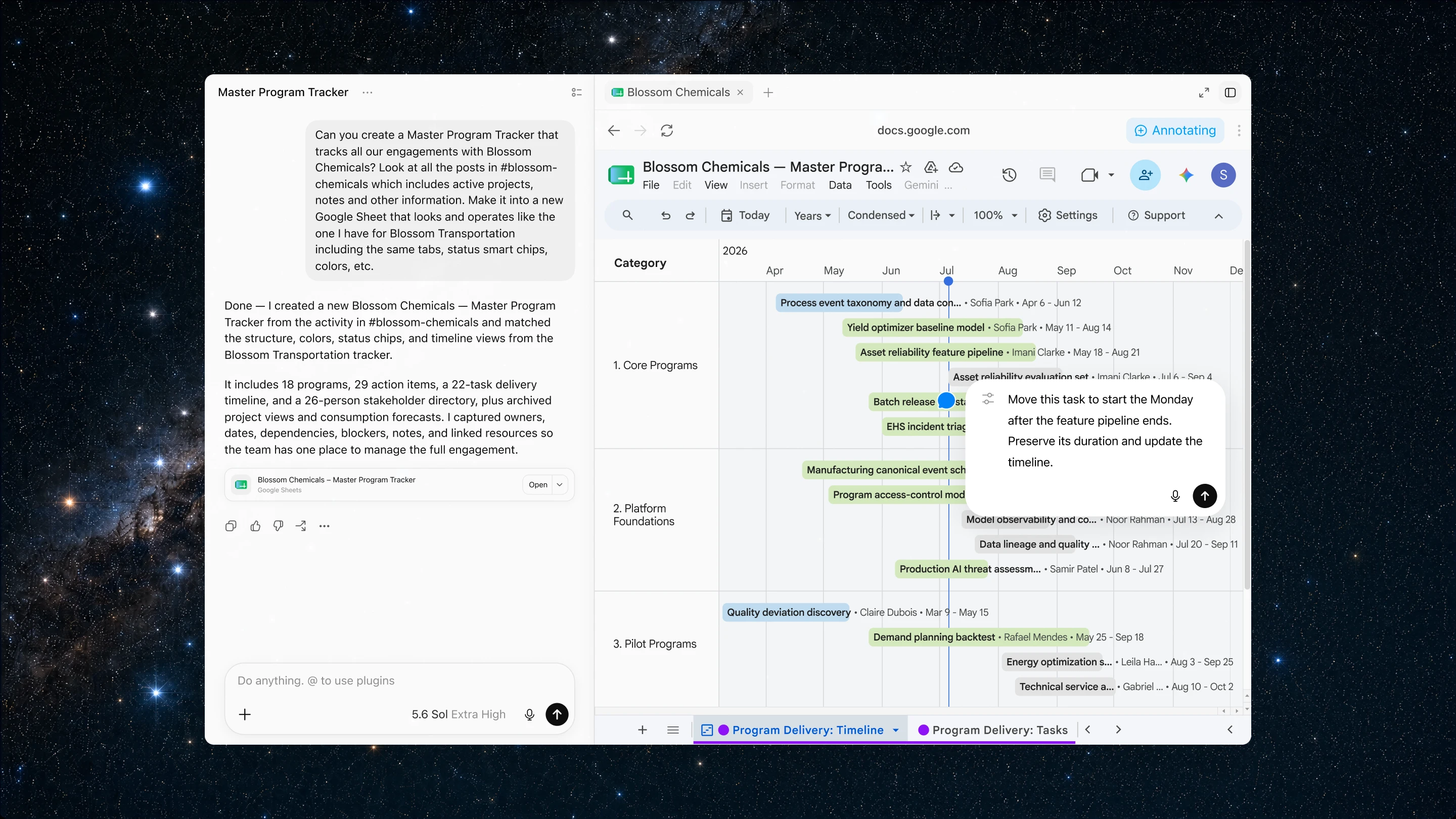 ChatGPT Work creates and edits a master program tracker in Google Sheets with timelines and tasks.