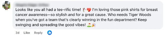 Golf-themed ping from the “pig butchering” network we reported in 2025, replying to a Facebook post by a user not linked to the operation.
