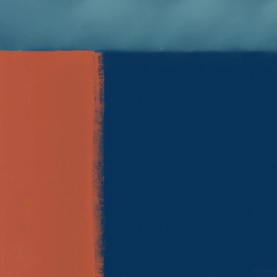 An abstract painting with a bold orange block beside a dark blue field, separated by a rough, unfinished edge against a pale blue backdrop.