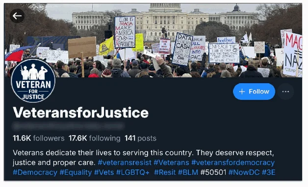 Bluesky account using a Veterans for Justice logo.