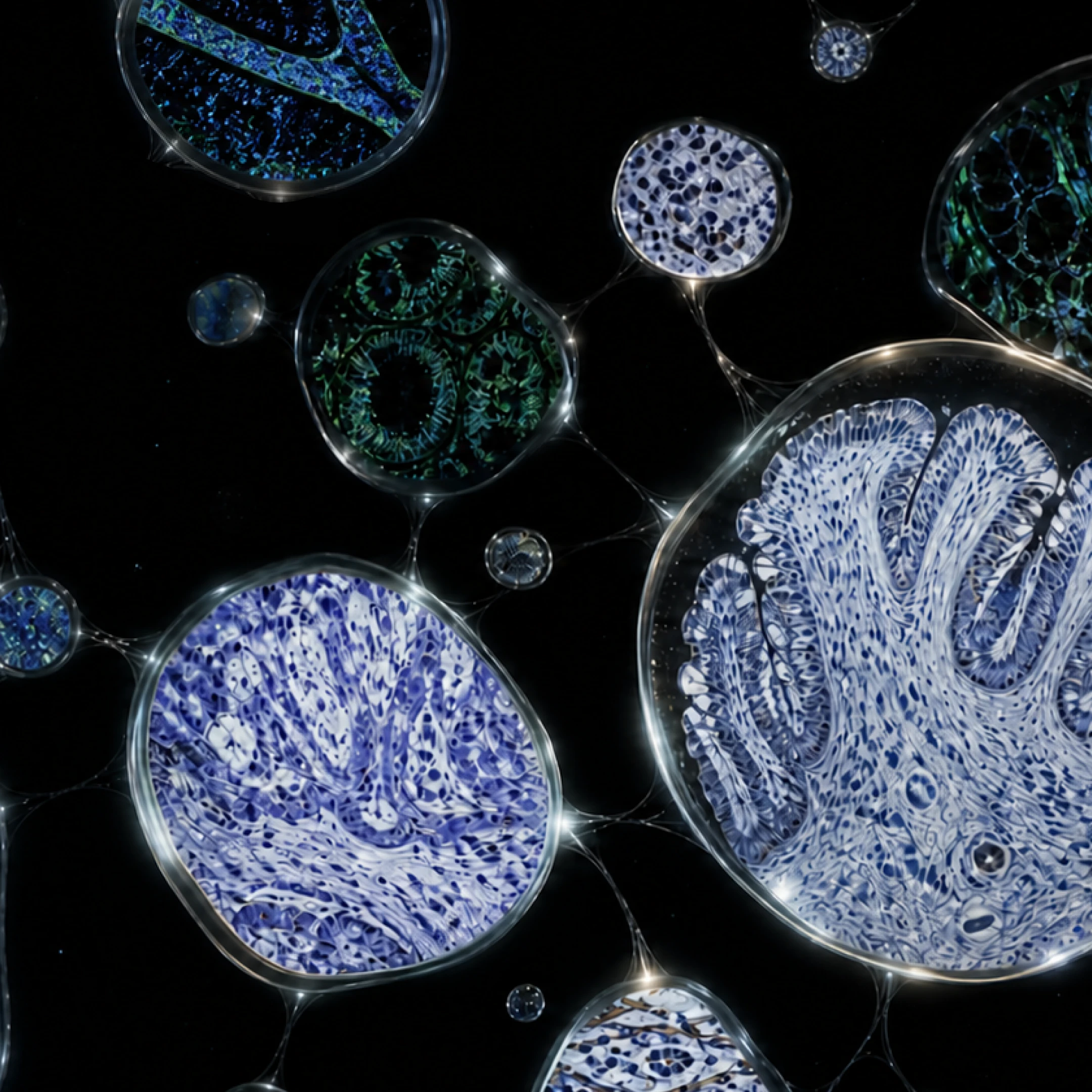 Microscopic tissue structures suspended against a dark background