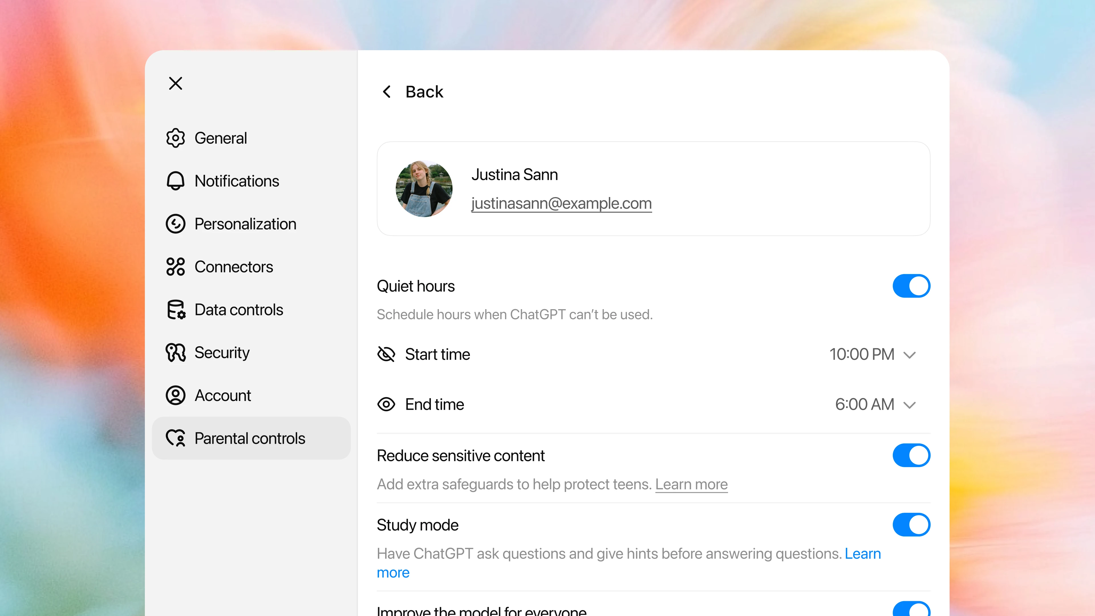 ChatGPT parental controls screen showing Study mode enabled for a teen account.