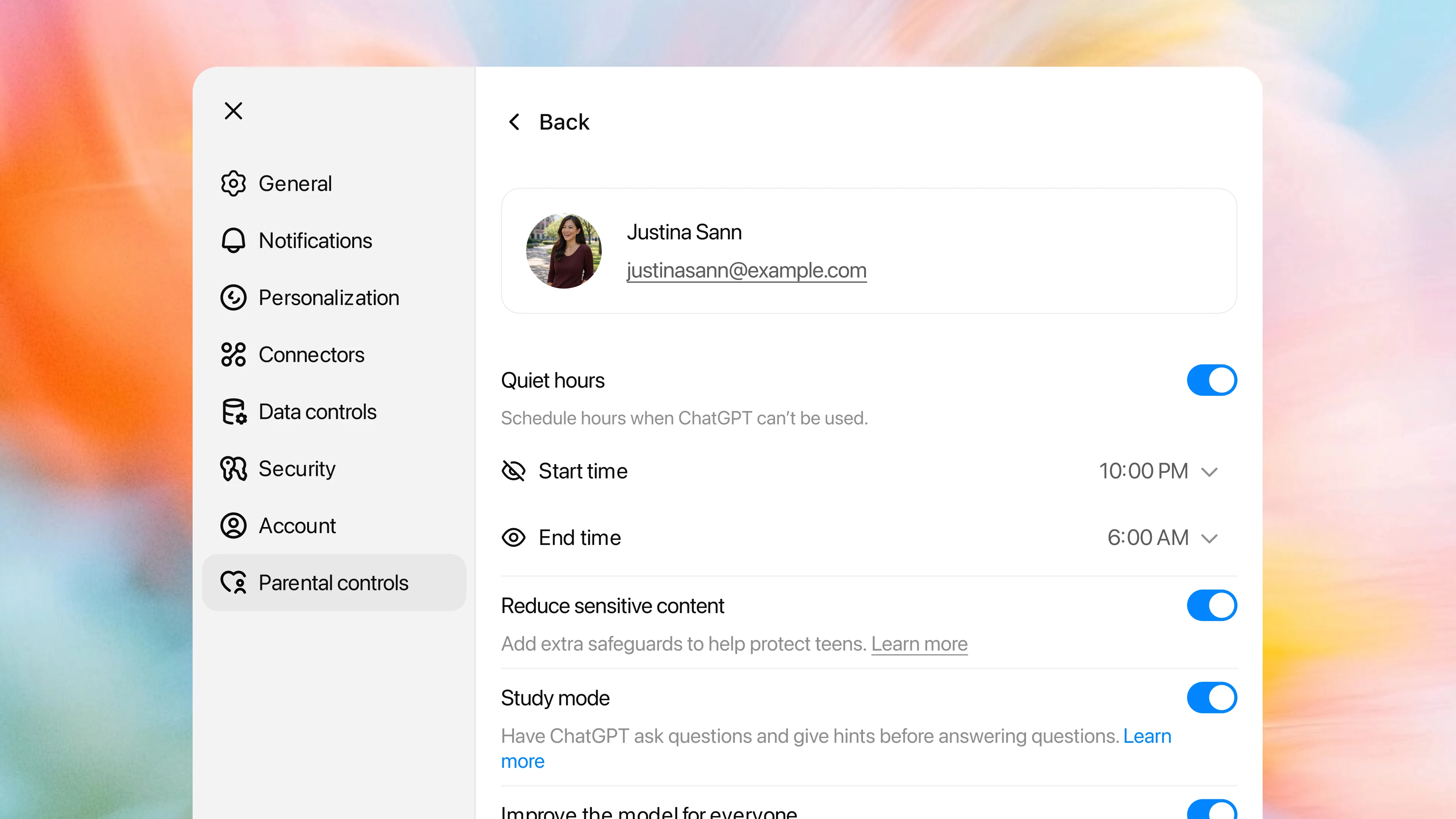 ChatGPT parental controls screen showing Study mode enabled for a teen account.