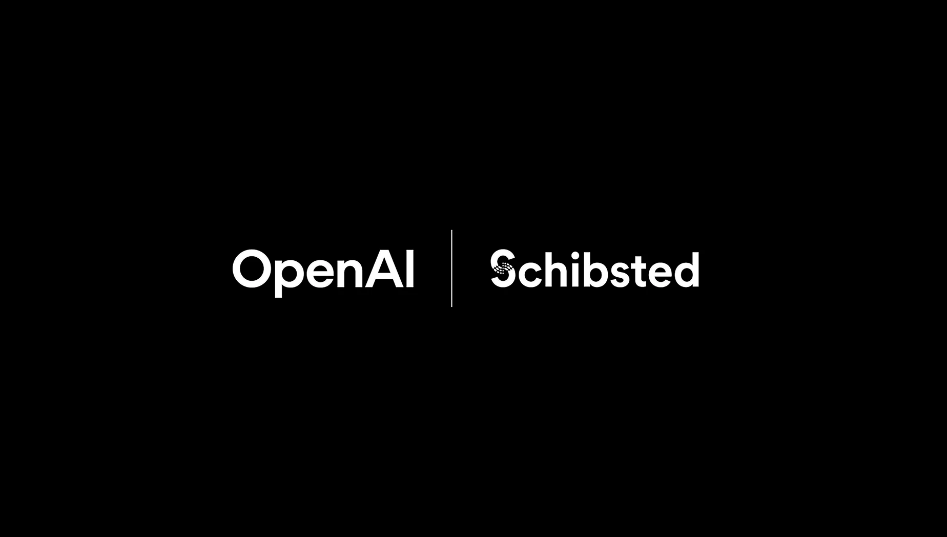 A black background featuring the logos of OpenAI and Schibsted in white, separated by a thin vertical line, symbolizing a partnership or collaboration between the two companies.