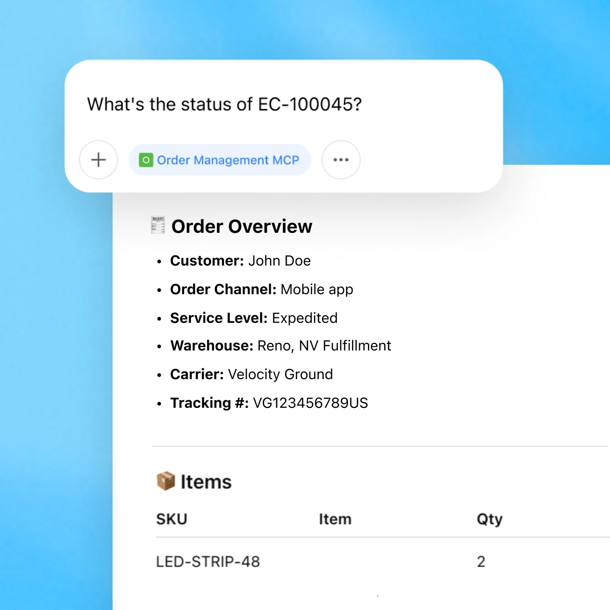 Chat interface showing an order status request for EC-100045 and detailed order overview with customer, service, warehouse, and tracking information.