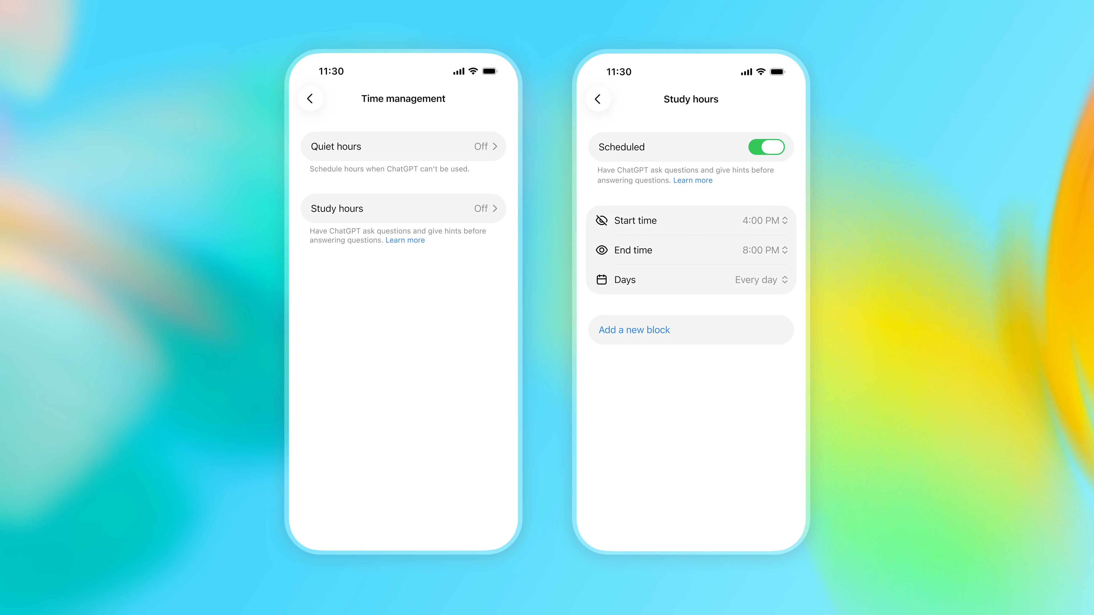 ChatGPT time-management settings showing scheduled Study hours with configurable start time, end time, and days.
