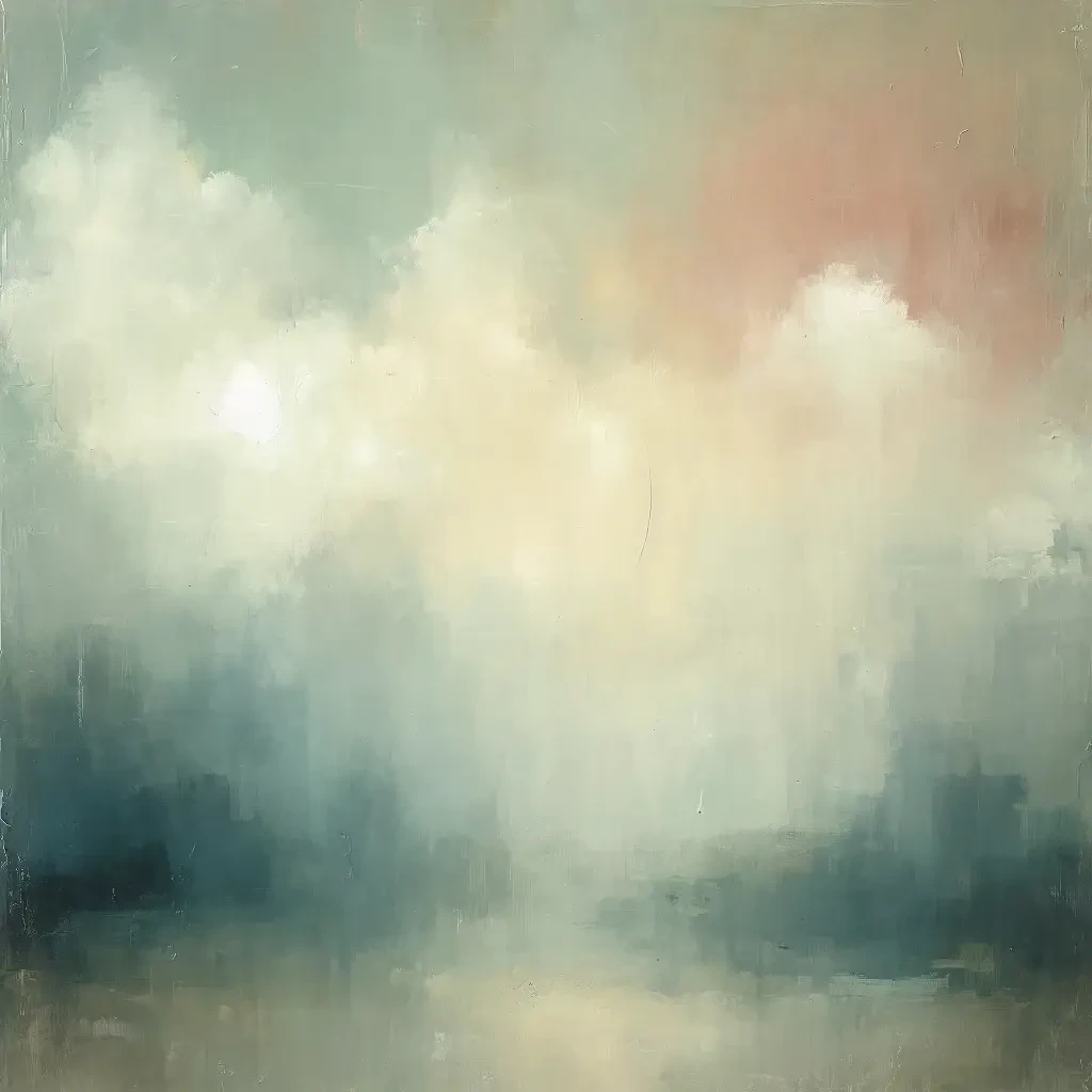 Abstract digital artwork with soft, blended tones of cream, blue, and rose evoking a calm, atmospheric landscape with minimalistic and ethereal brushwork.