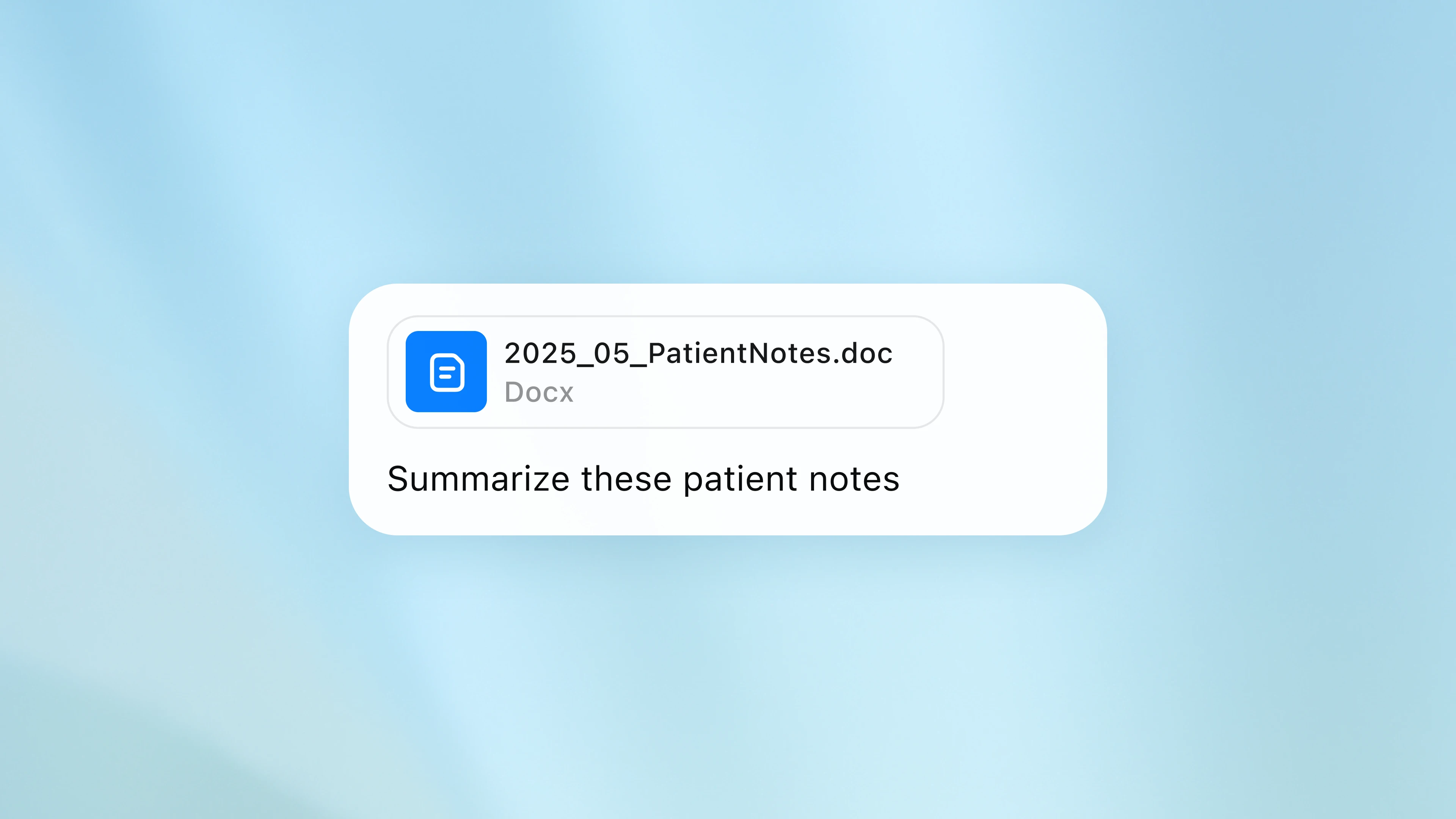 Fondo azul degradado con un elemento en primer plano que muestra un mensaje de ChatGPT en el que se solicita un resumen de los documentos que contienen las notas del paciente.