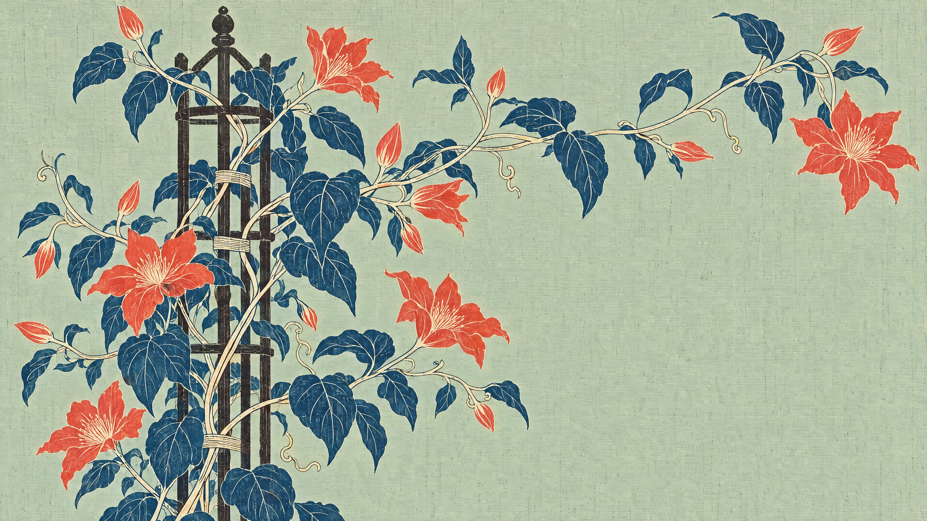 Image 13: A flowering clematis grows beyond the edges of a supporting trellis.