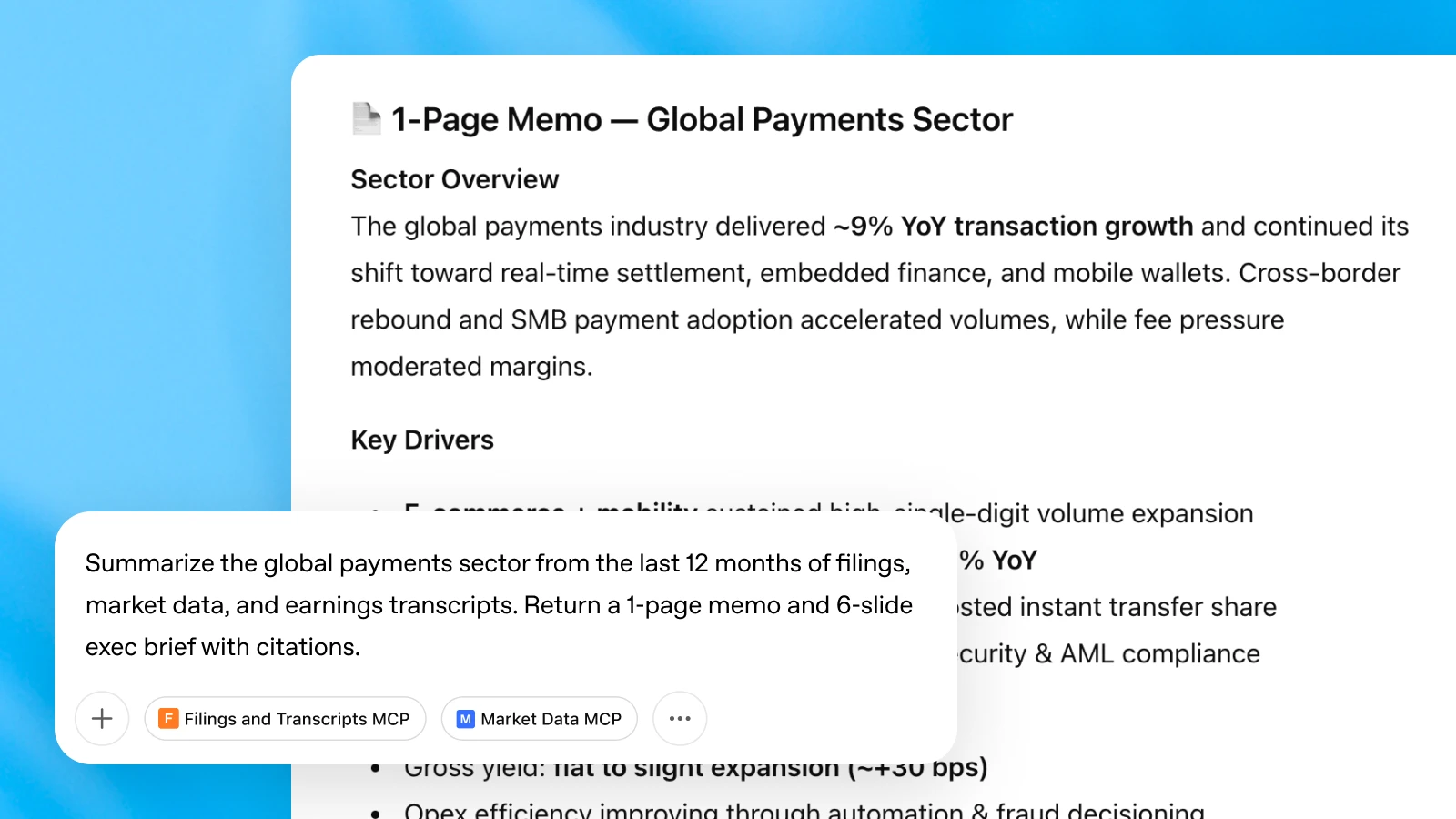 Chat interface summarizing a request to compile a 1-page memo and slide brief on the global payments sector using multiple MCP connectors.