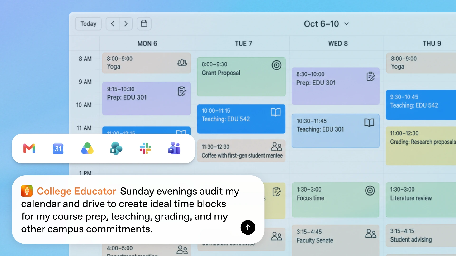 Weekly calendar with scheduled teaching, prep, grading, focus time, and connected app icons.