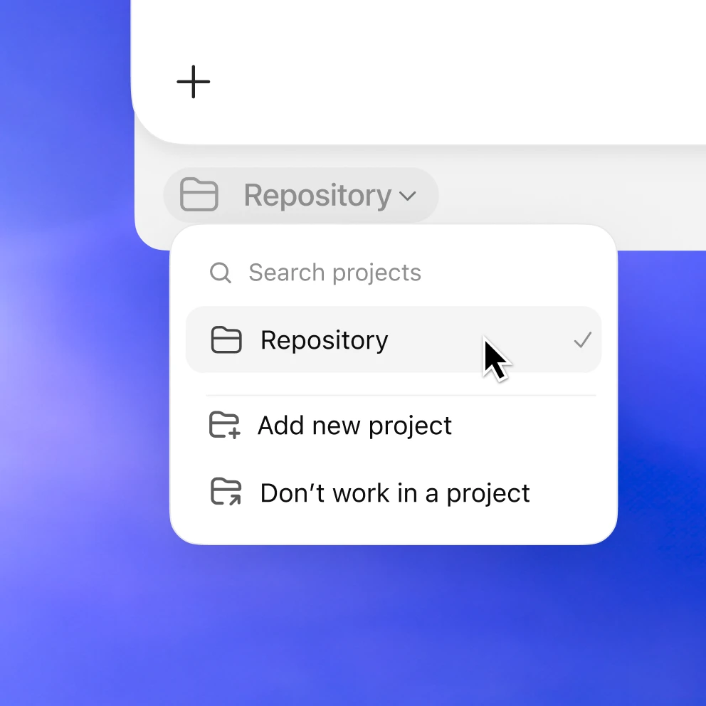 Project picker showing a project called Repository selected in Codex.