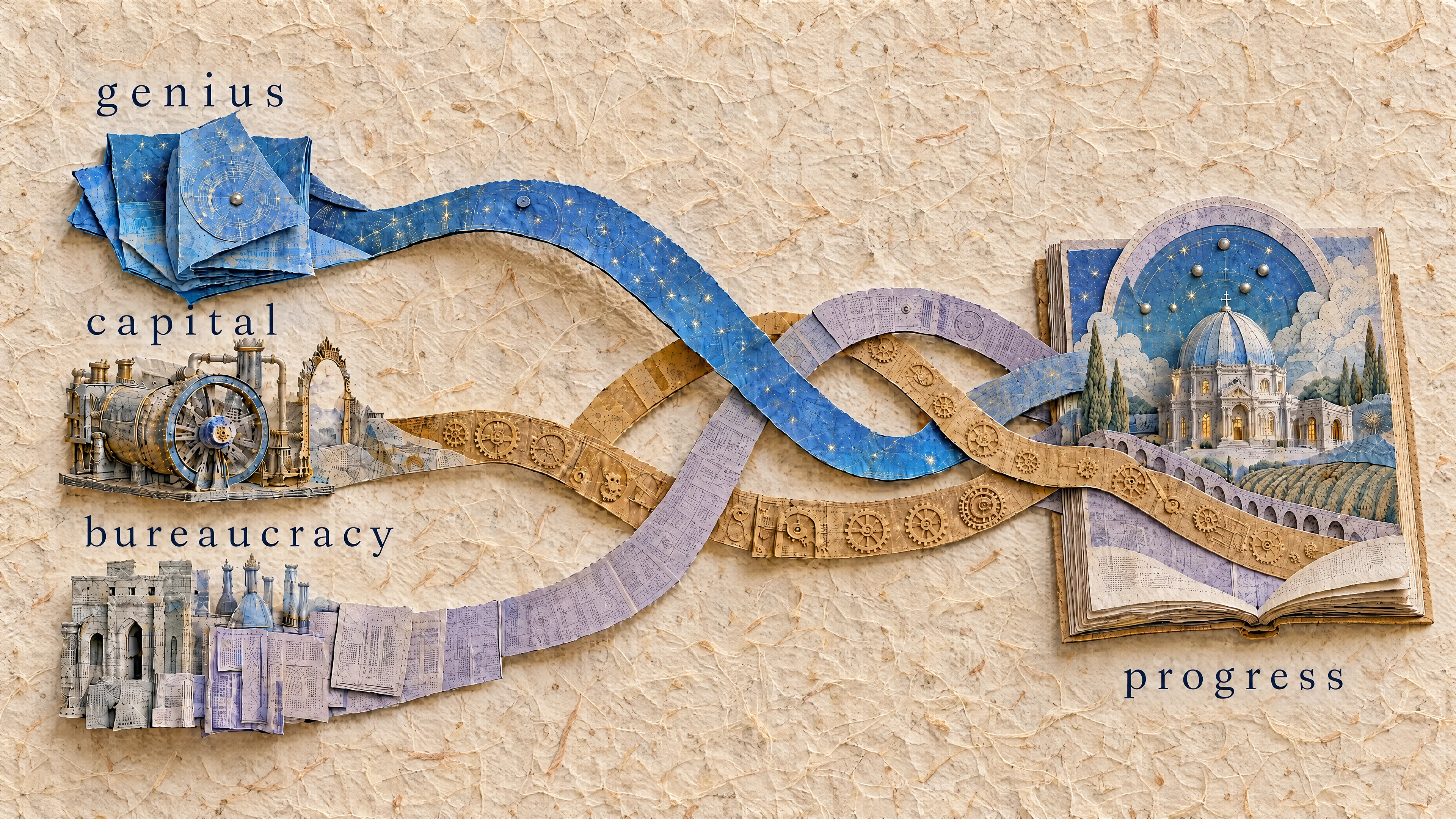 Ribbons labeled genius, capital, and bureaucracy intertwine to form progress.