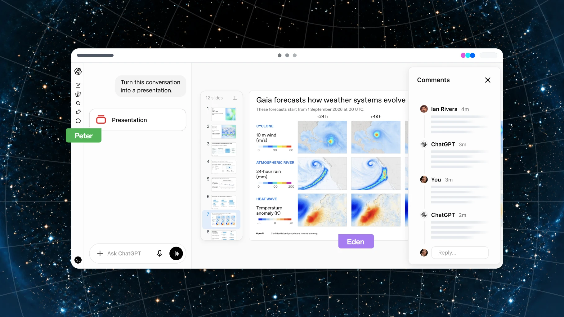 Collaborative presentation editor with slide previews and comments.