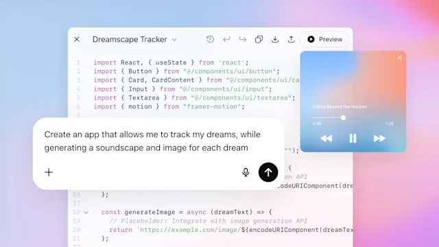 Interface mockup for a “Dreamscape Tracker” app. The background shows JavaScript/React code with imports for UI components and an async function to generate images. Overlaid is a text input bubble with the prompt: “Create an app that allows me to track my dreams, while generating a soundscape and image for each dream,” accompanied by microphone and send icons. To the right is a translucent music player widget labeled “Colors Beyond the Horizon,” showing playback controls and a time slider. The background gradient transitions from blue to pink.