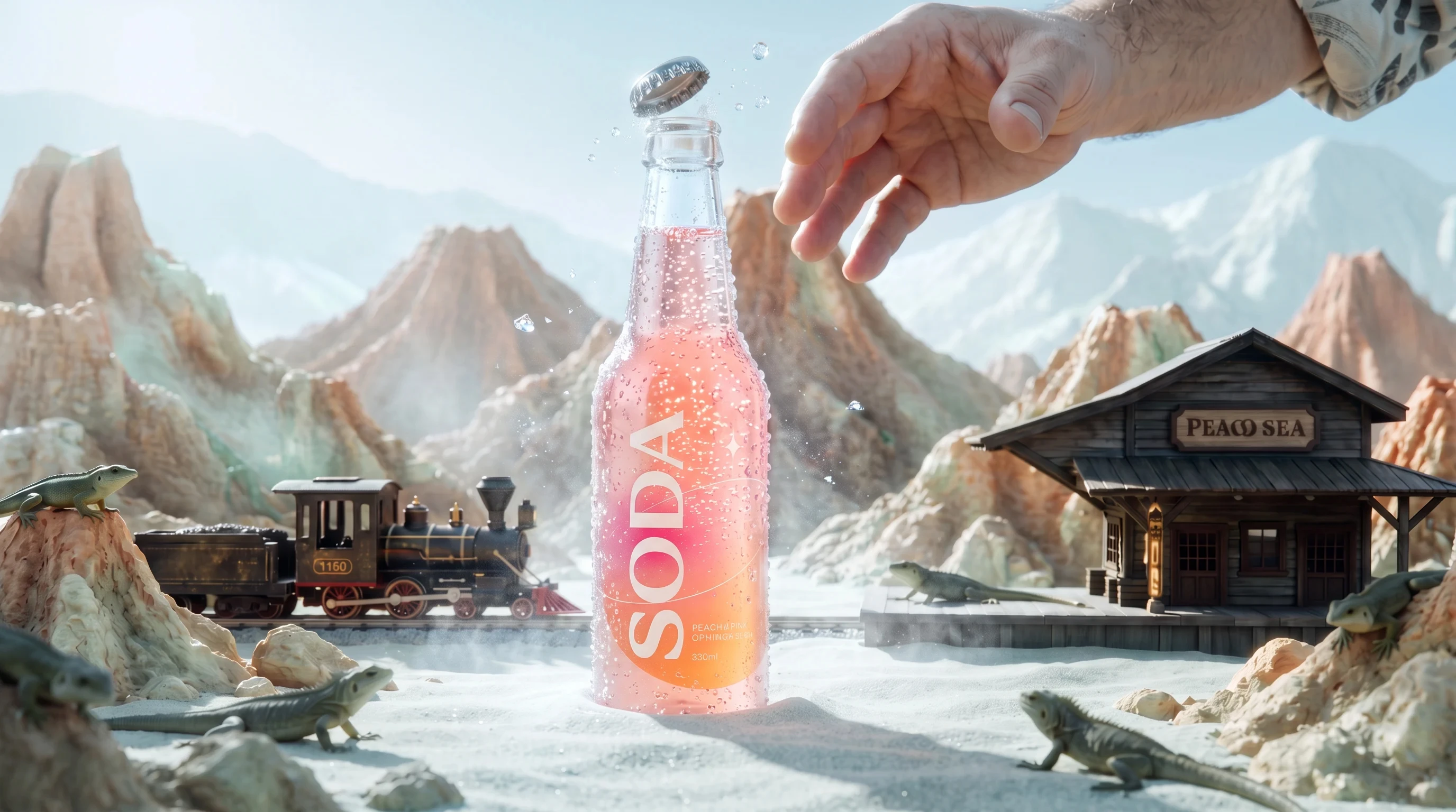 A peach soda bottle transformed into a snowy miniature landscape with a train, lizards, and sparkling droplets.